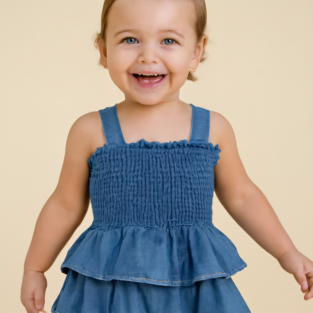 ! Denim Katoenen Baby Meisjes Bodysuit – Ruffle Zomer Outfit