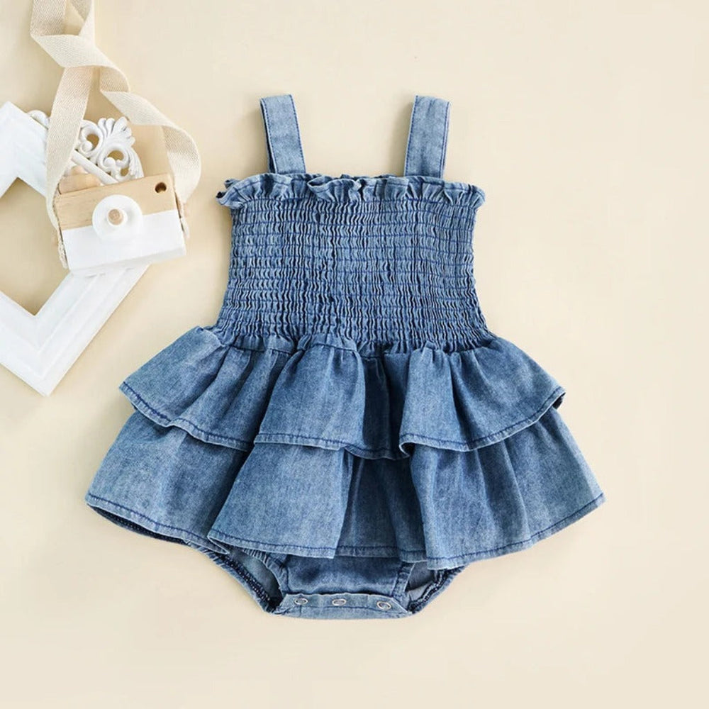 ! Denim Katoenen Baby Meisjes Bodysuit – Ruffle Zomer Outfit